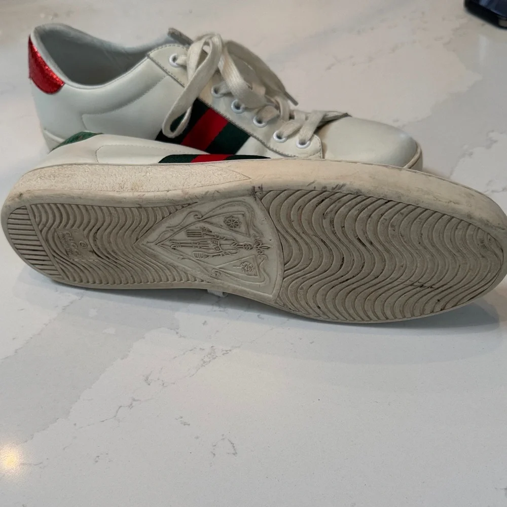 Gucci Ace Bee White Leather Sneakers with Red & Green Stripe Bee Accent